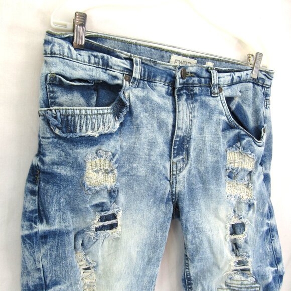 FWRD Denim 32 Men's Distressed Patchwork Factory Faded  11" Inseam Jean Shorts - Picture 2 of 9